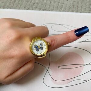 Gold Blue Butterfly “Working Clock” Watch Y2K Ring